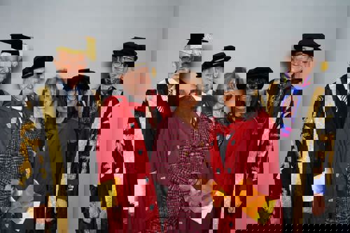 L-R Sir John Sutherland, Chancellor of Aston University, Pertemps Lifetime President Tim Watts, Pertemps Director Jenny Jackson, Carmen Watson and Saskia Loer Hansen, Vice Chancellor of Aston University